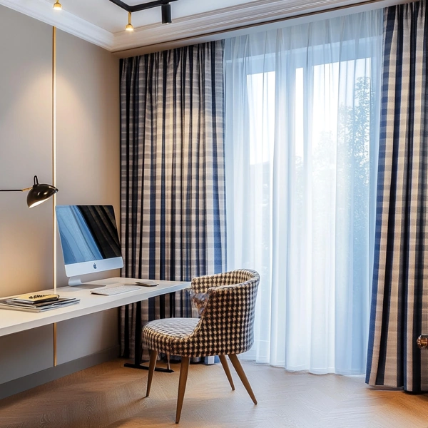 Blue checkered curtains and white sheers in a home office